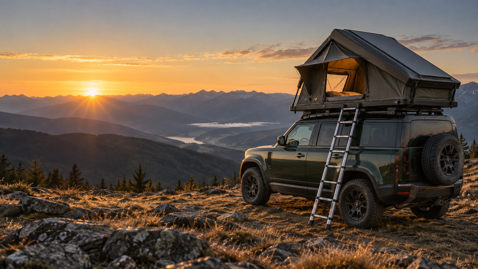 Aluminum hard shell roof top tent on an overland SUV at sunrise